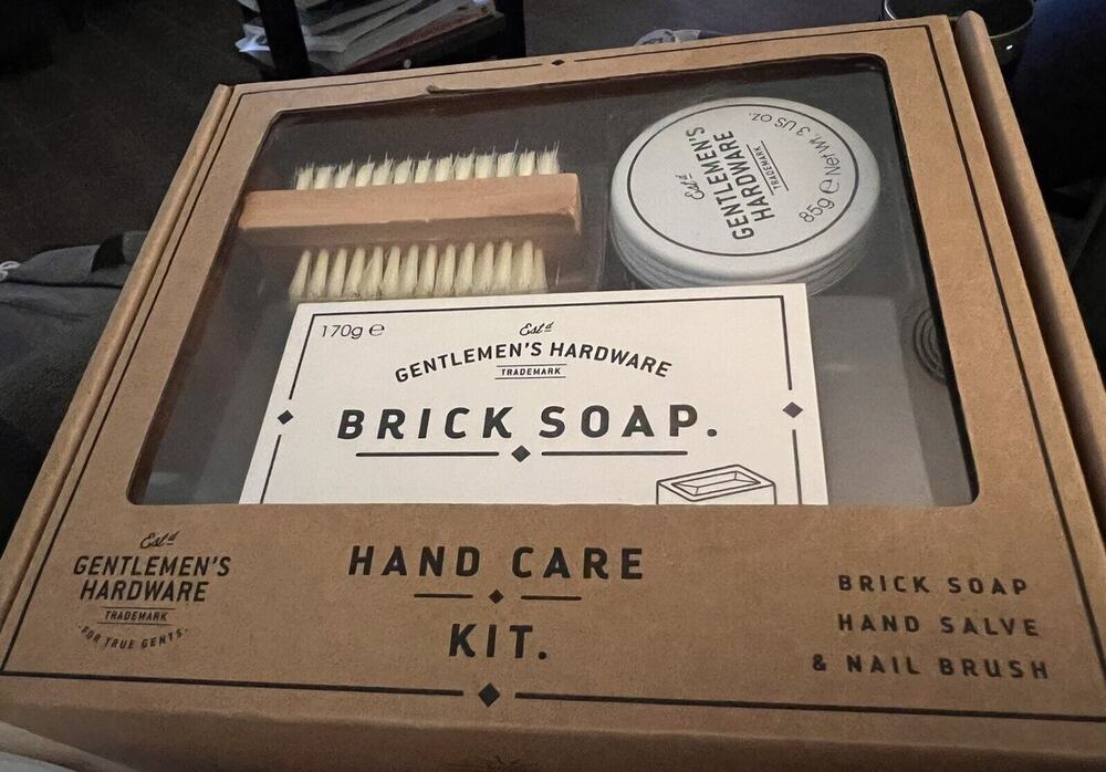 Gentlemen's Hardware Hand Kit, Brick Soap, Hand Salve And Nail Brush Gift Set